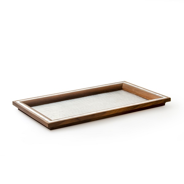 alt="hammered aluminum tray with wood and mop"