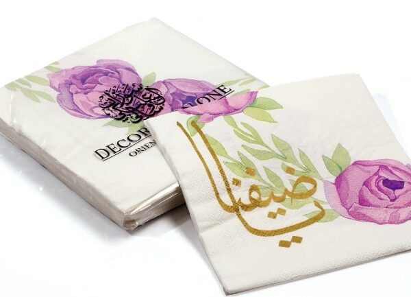 Printed napkins, with pink peony flower print and golden-print Arabic calligraphy "Ya Daifana" - Meaning "Our Guest". Napkin size 30x30cm when open, 3ply tissue, 20 napkins per pack.