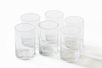 Tumbler glasses, comes in a set of 6, in white Arabic alphabets designed in an array of dots.