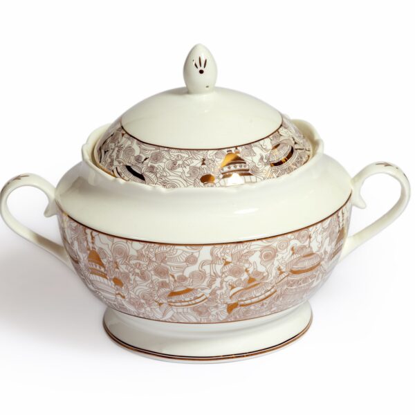 alt="white large porcelain soup bowl with golden decor"