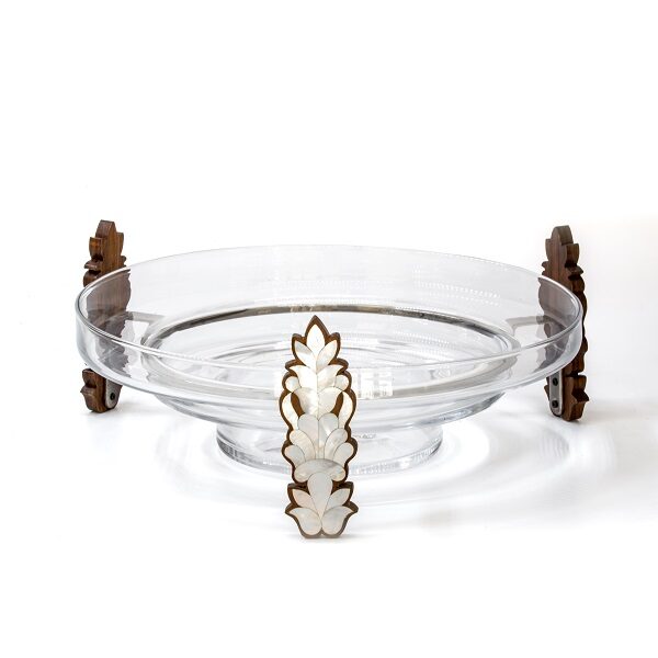 alt="glass bowl with wood and mother of pearl stand"