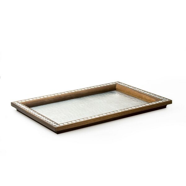 alt="hammered aluminum tray with wood and mop"