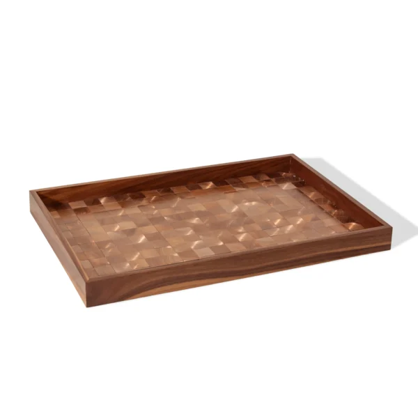 Jawhar Rectangular Walnut Serving Tray – Luxury Gold Copper Interior (48 cm)